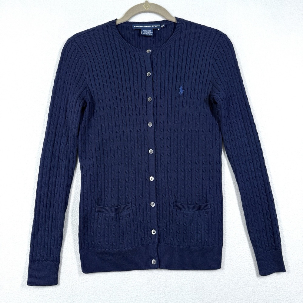 Ralph Lauren Sport Sweater Womens Small Cable Knit Crew Neck Cardigan Pony Logo